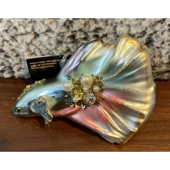 Robert Stanley Glass‎ Beta Fish Christmas Ornament Jeweled Beaded Glitter NEW - Picture 1 of 3
